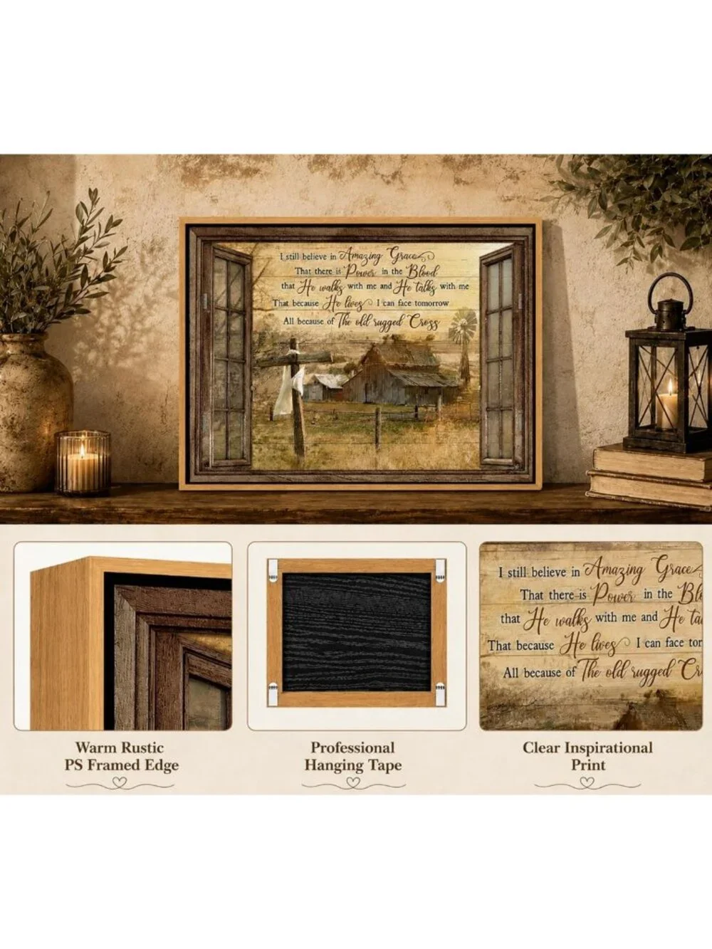 Rustic Christian Canvas Wall Art - Amazing Grace Cross Windmill Decor 12x16
